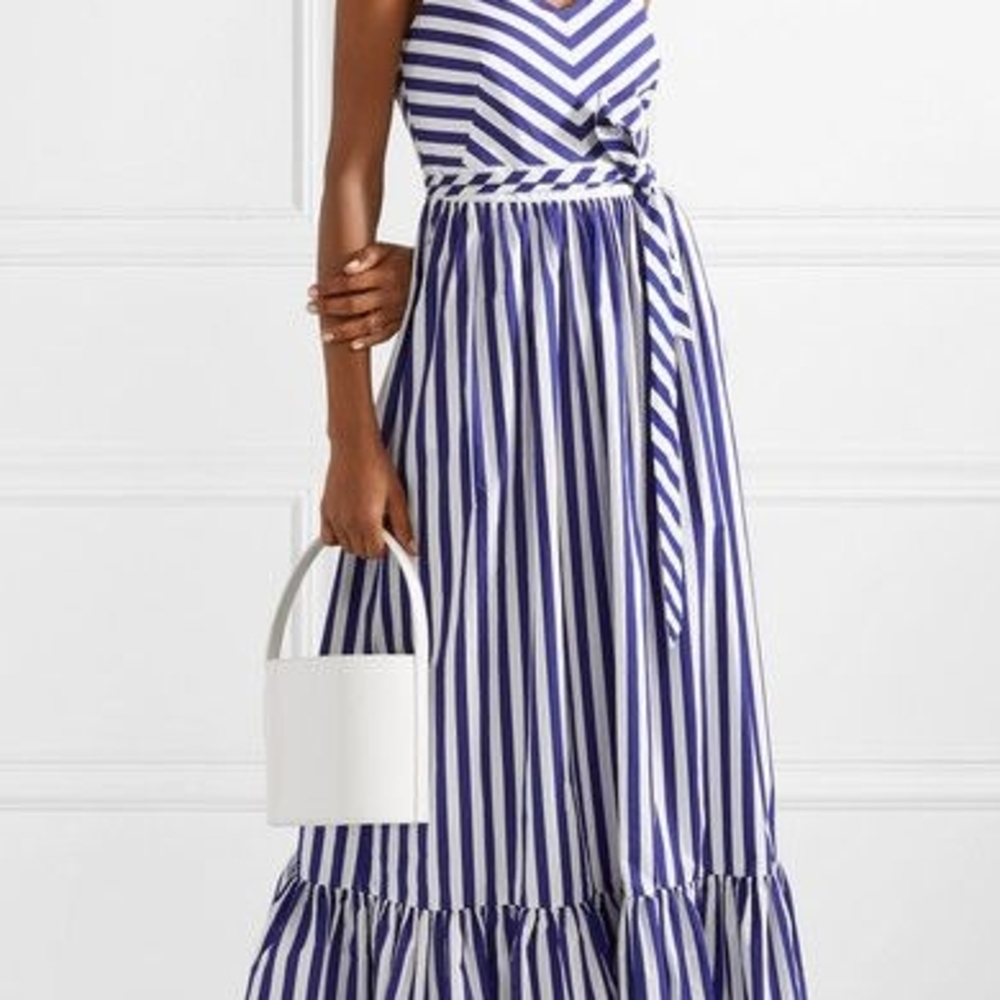 J. Crew Blue and White Ruffled Tie Front Maxi Dress